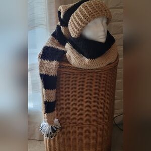 Striped Knit Beanie Pom Pom Long Stocking Cap Hat Black Beige SET Cowl